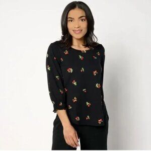 Cuddl Duds Cottonwear + "Pick of the Day" Smocked Top-Black w/ Straberries-Large